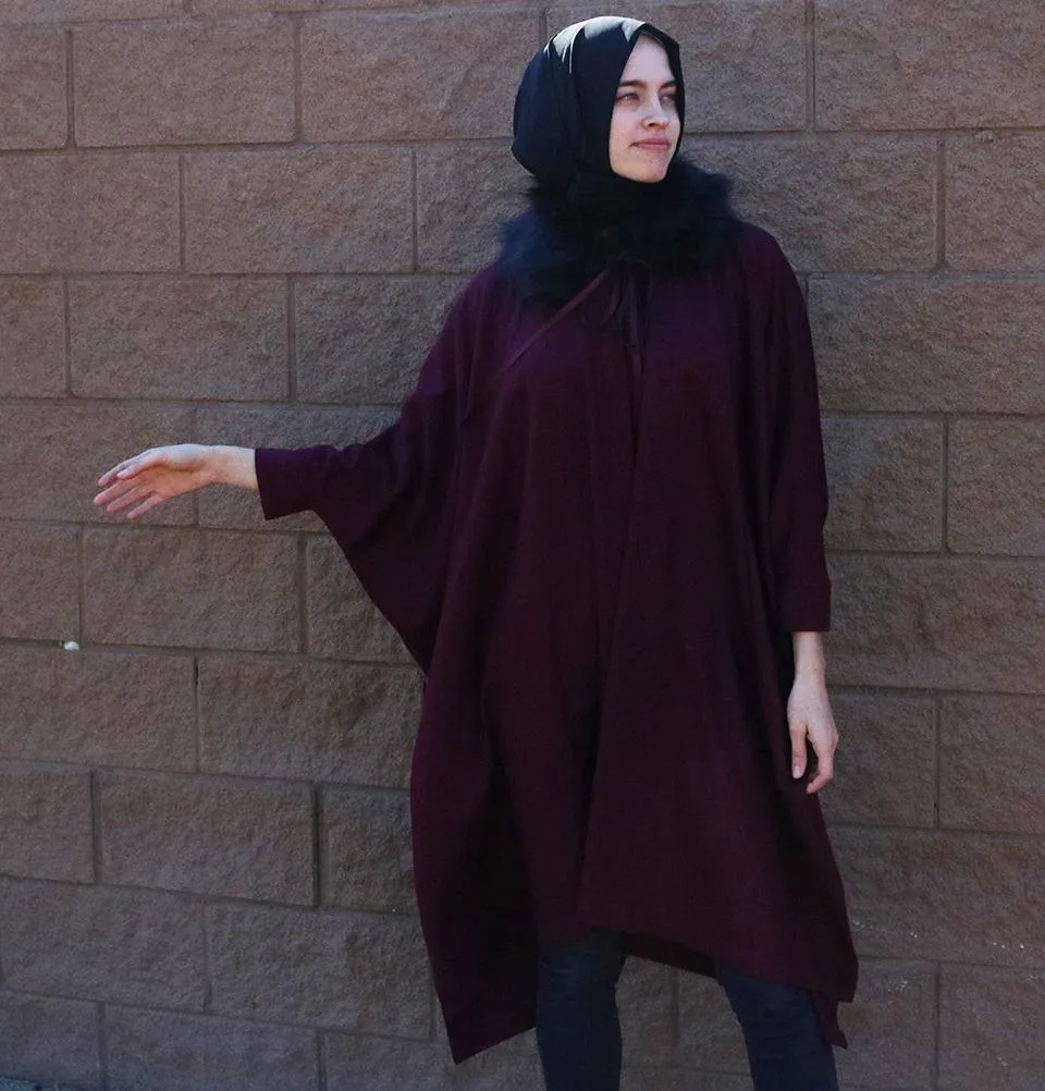 Puane Wool Touch Poncho Coat with Fur 3113 Maroon