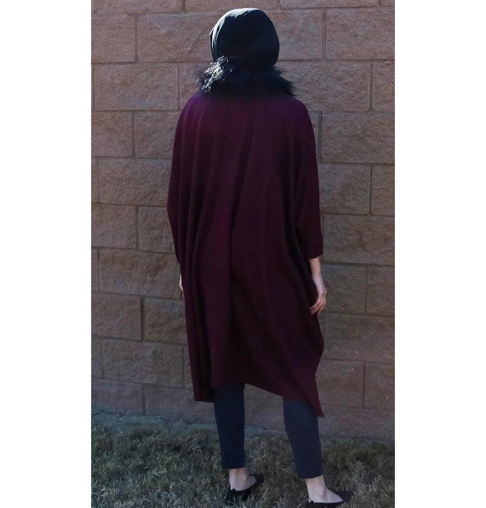 Puane Wool Touch Poncho Coat with Fur 3113 Maroon