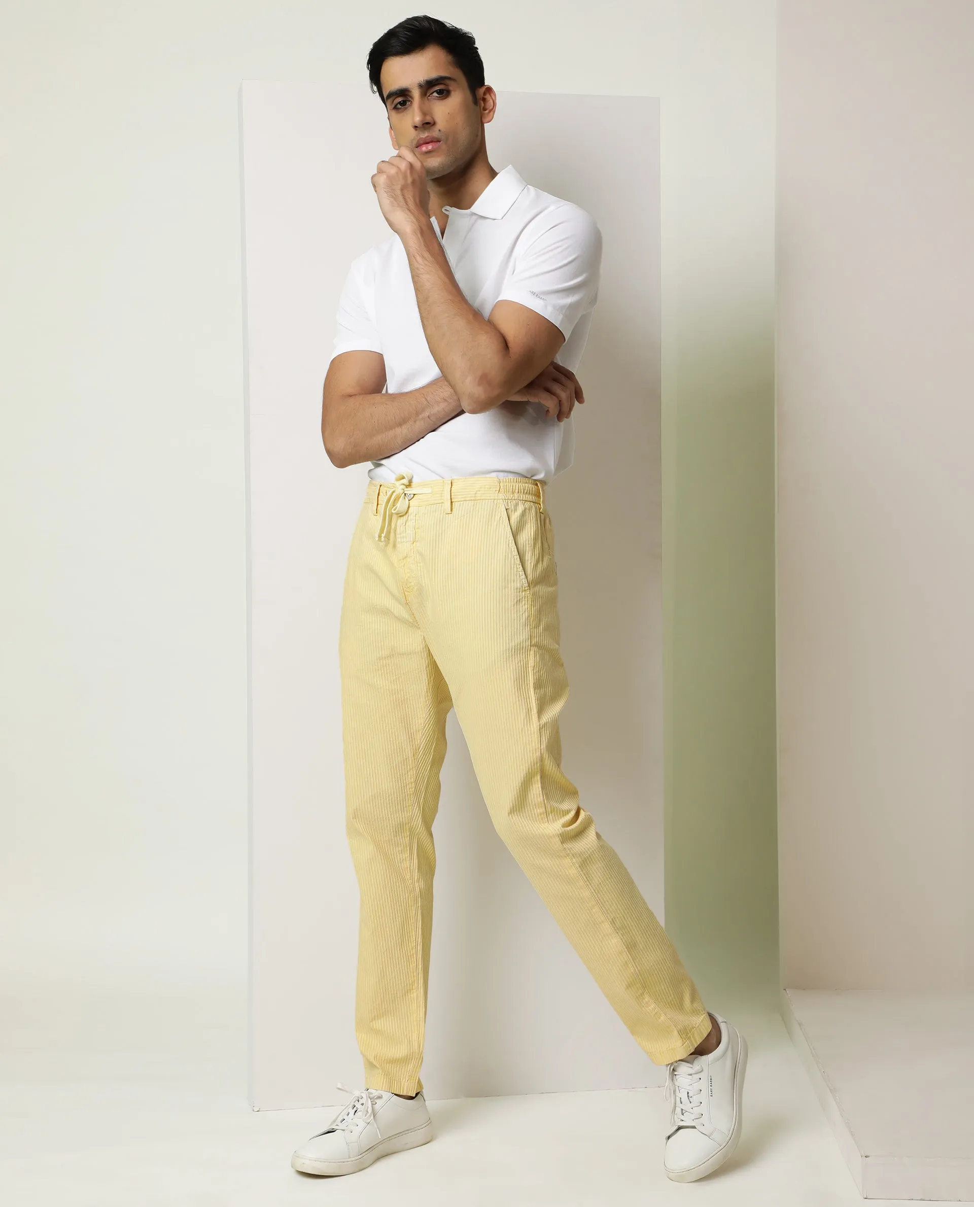 Rare Rabbit Men's Monter Mustard Stripe Dobby Mid-Rise With Drawstring And Elastic Waistband Regular Fit Trouser