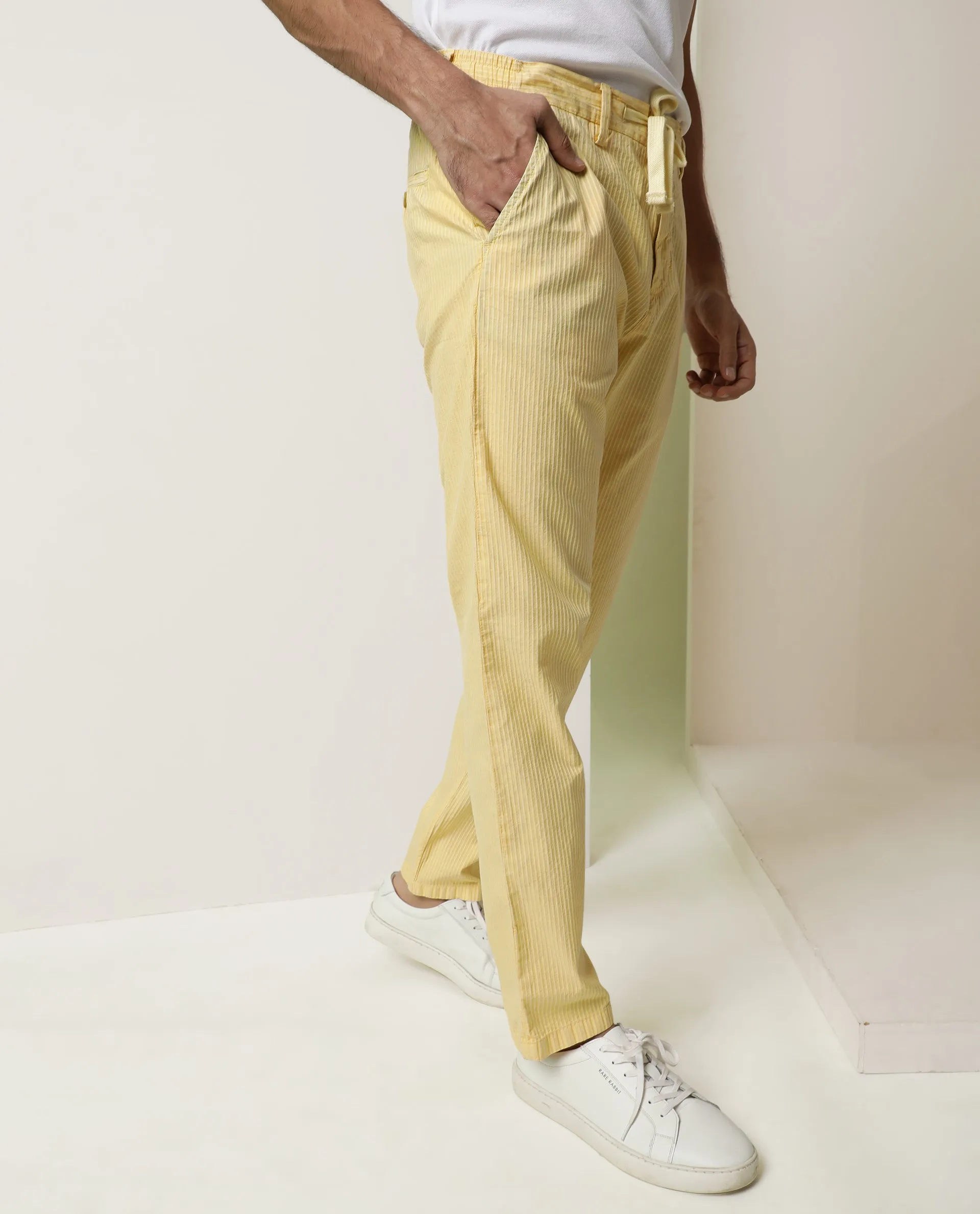 Rare Rabbit Men's Monter Mustard Stripe Dobby Mid-Rise With Drawstring And Elastic Waistband Regular Fit Trouser