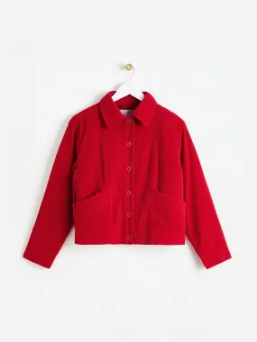 Red corduroy scallop pocket collared jacket