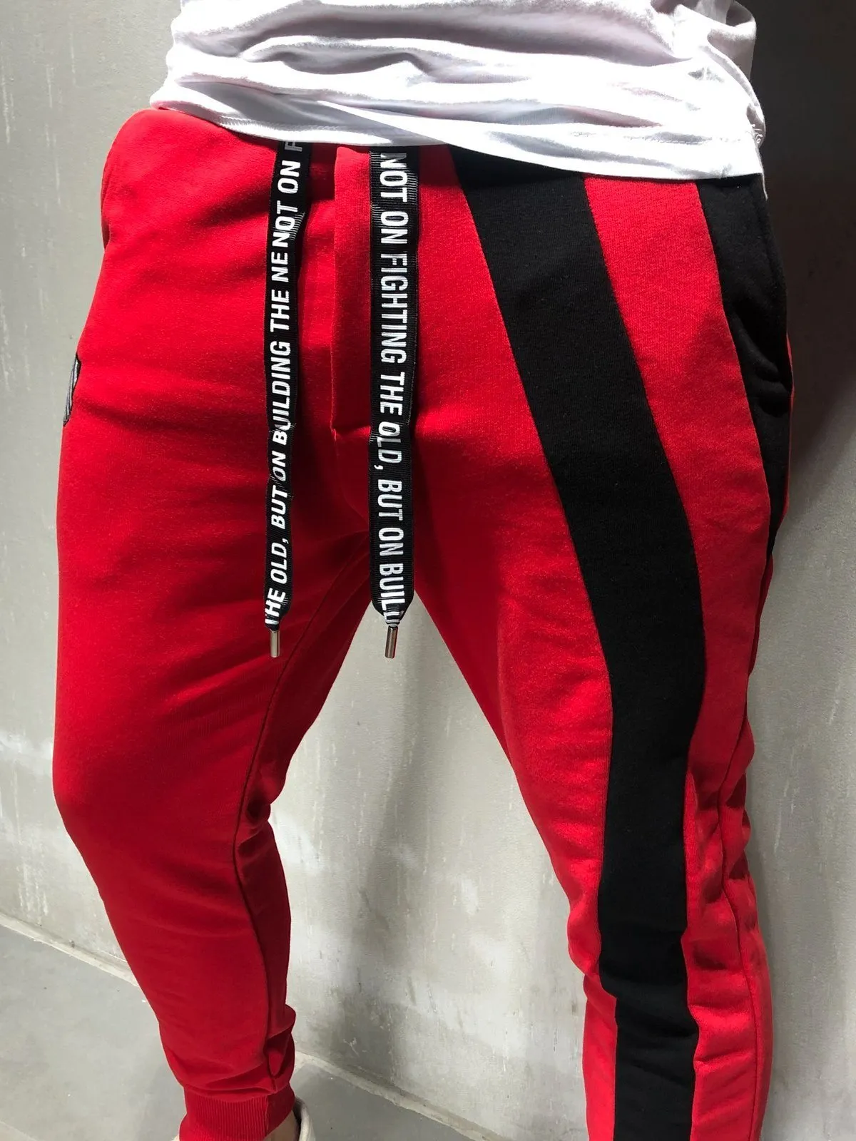 Red Sweatpants Black Stripe Details
