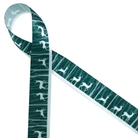 Reindeer Ribbon with white reindeer in a Winter forest printed on 7/8" white single face satin