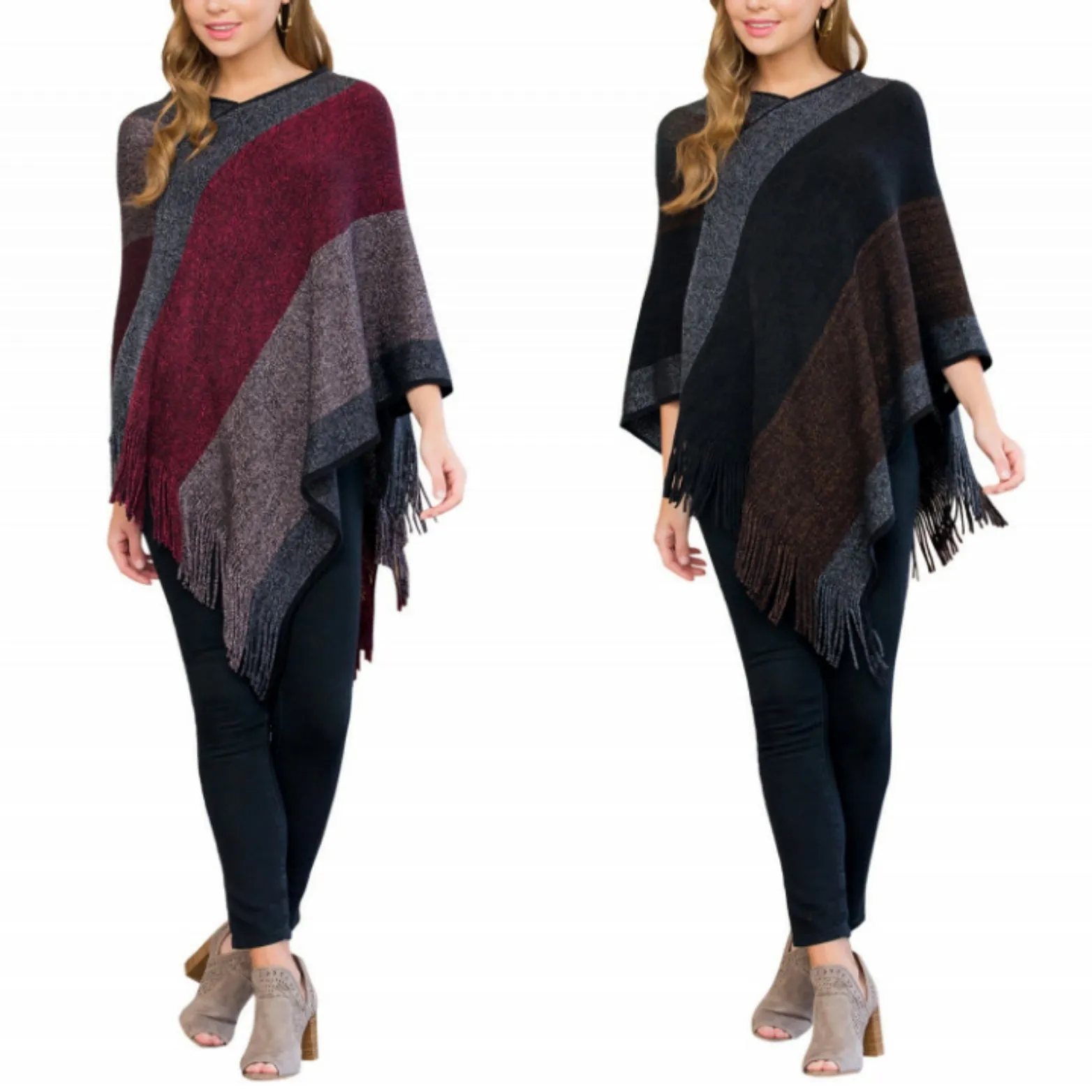 Santa Fe Color Block Sweater Poncho (Brown)