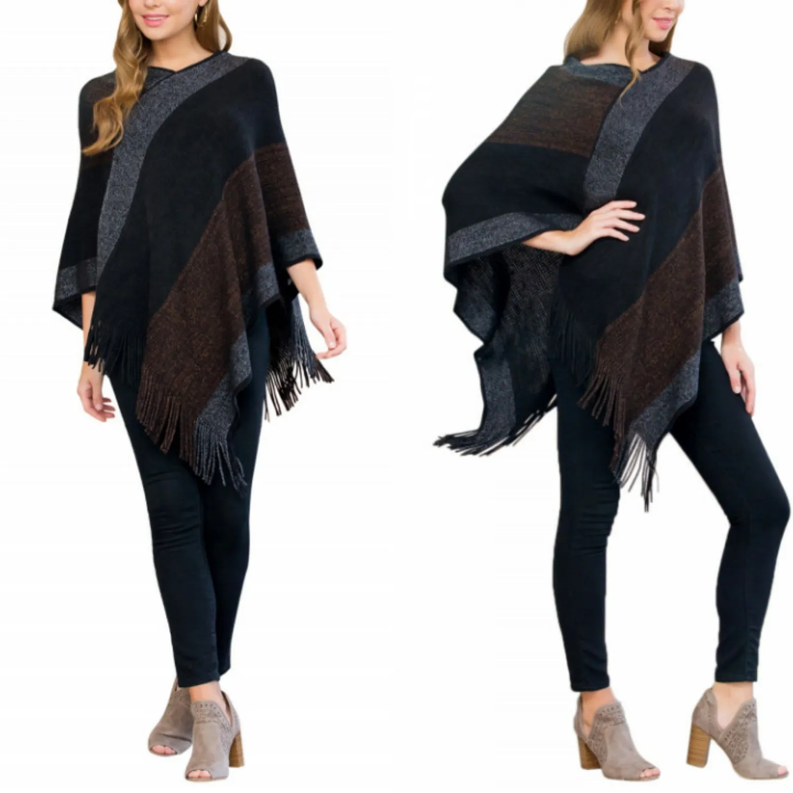Santa Fe Color Block Sweater Poncho (Brown)