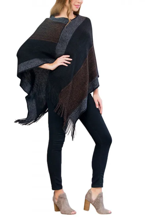 Santa Fe Color Block Sweater Poncho (Brown)