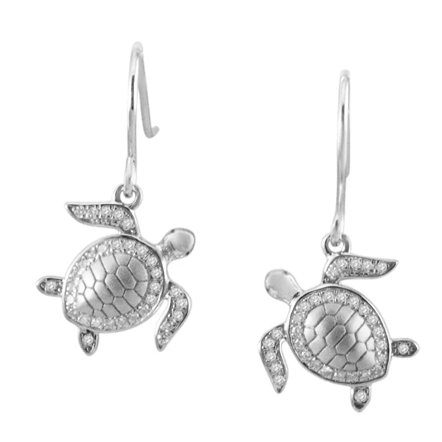 Sterling Silver Alamea Pave CZ Sea Turtle Dangle Earrings