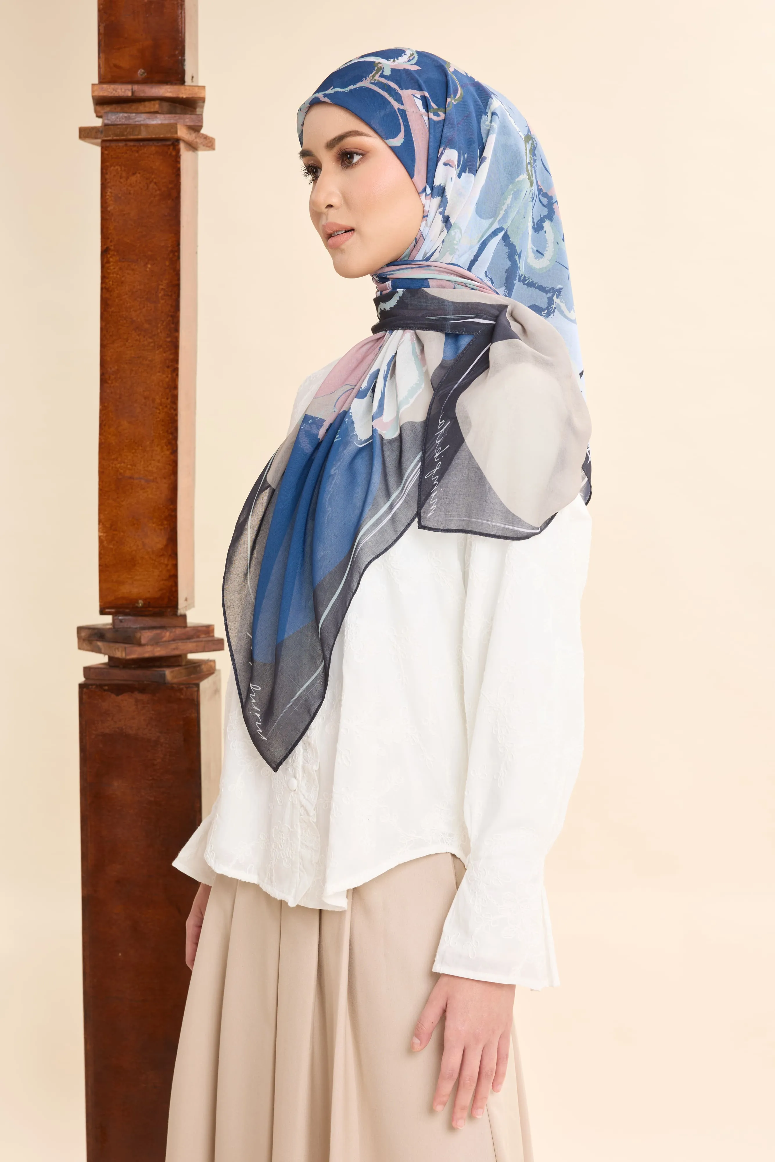 Thalia Navy Blue Abstract Square Voile Scarf