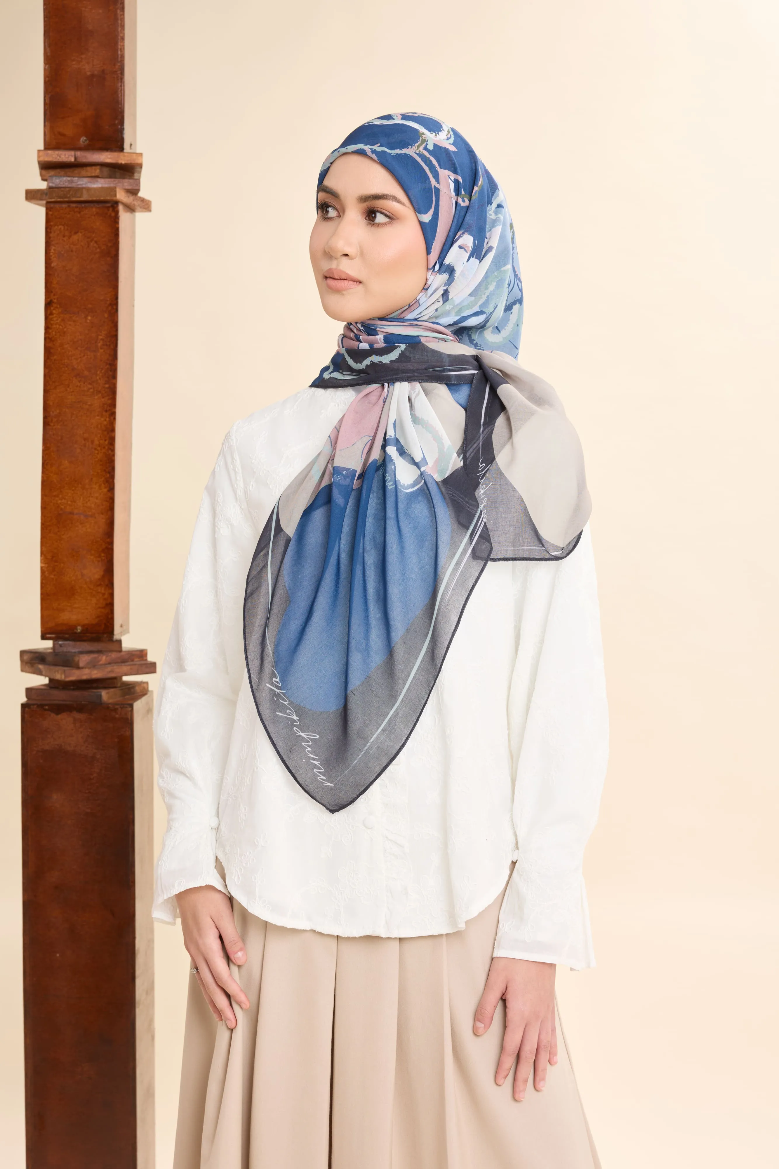 Thalia Navy Blue Abstract Square Voile Scarf