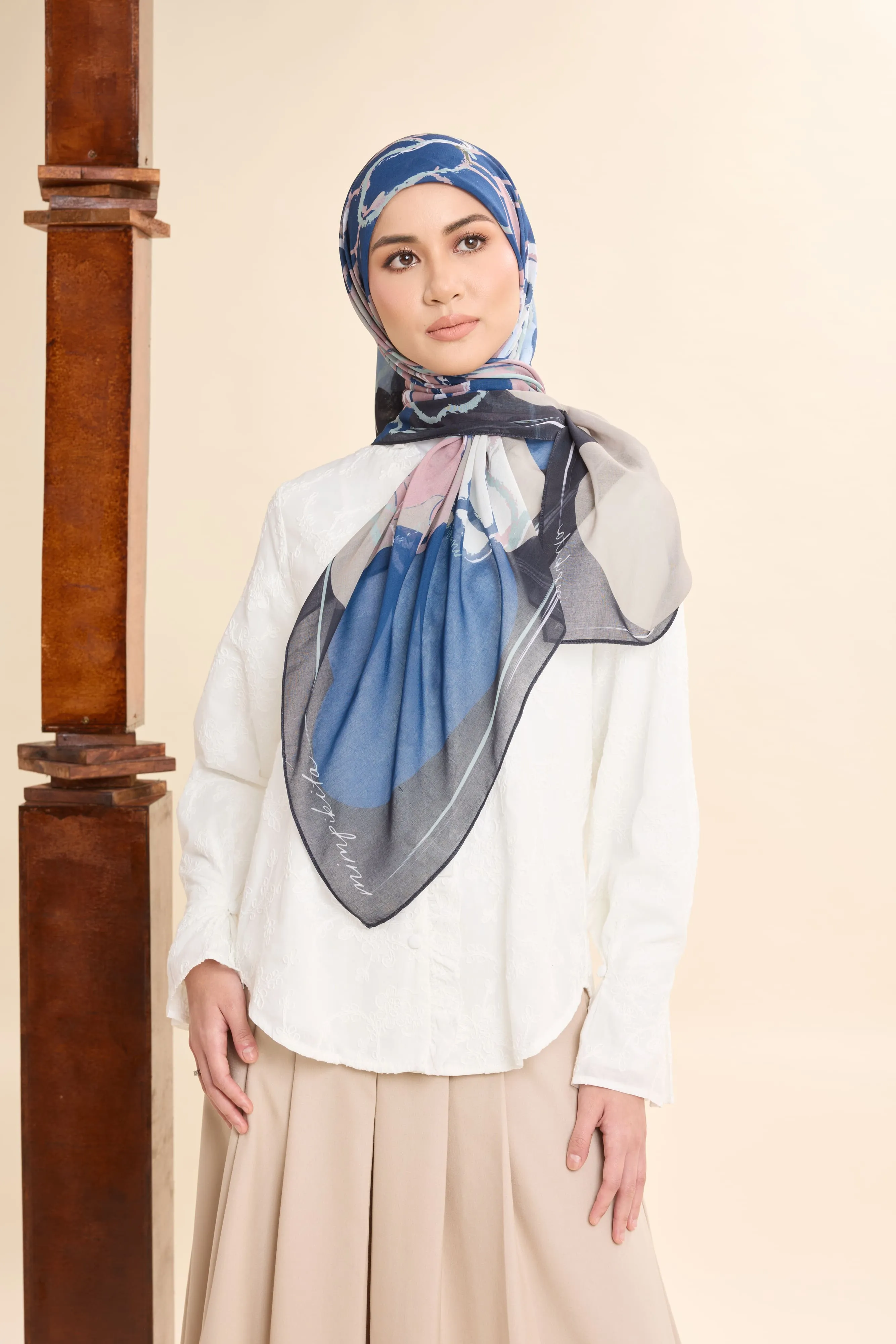 Thalia Navy Blue Abstract Square Voile Scarf