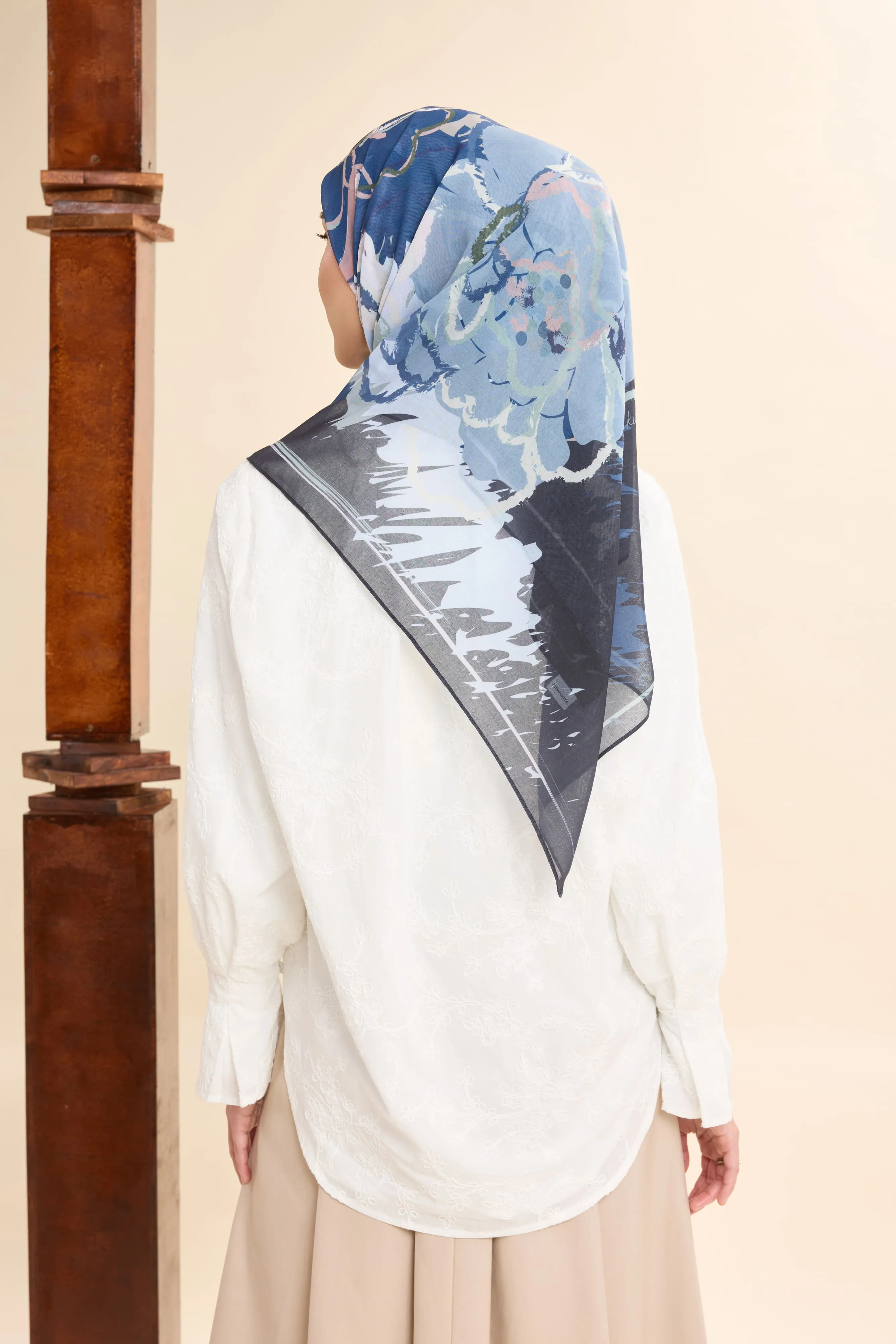 Thalia Navy Blue Abstract Square Voile Scarf