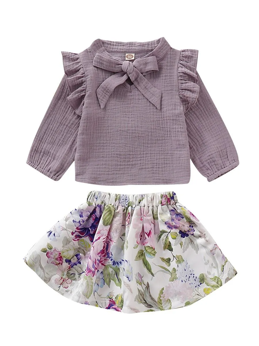 Trendy Baby Girl Fall 2-Piece Set Bow-Tie Muslin Top & Skirt