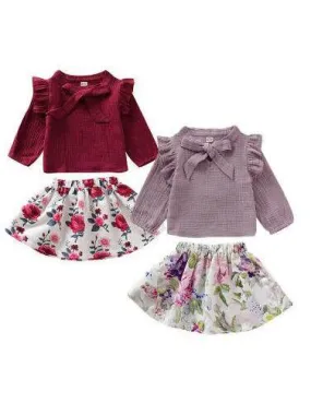 Trendy Baby Girl Fall 2-Piece Set Bow-Tie Muslin Top & Skirt