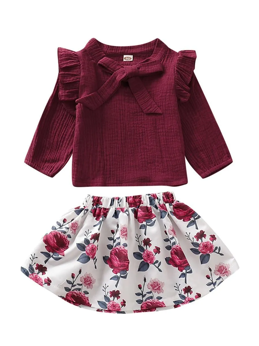 Trendy Baby Girl Fall 2-Piece Set Bow-Tie Muslin Top & Skirt