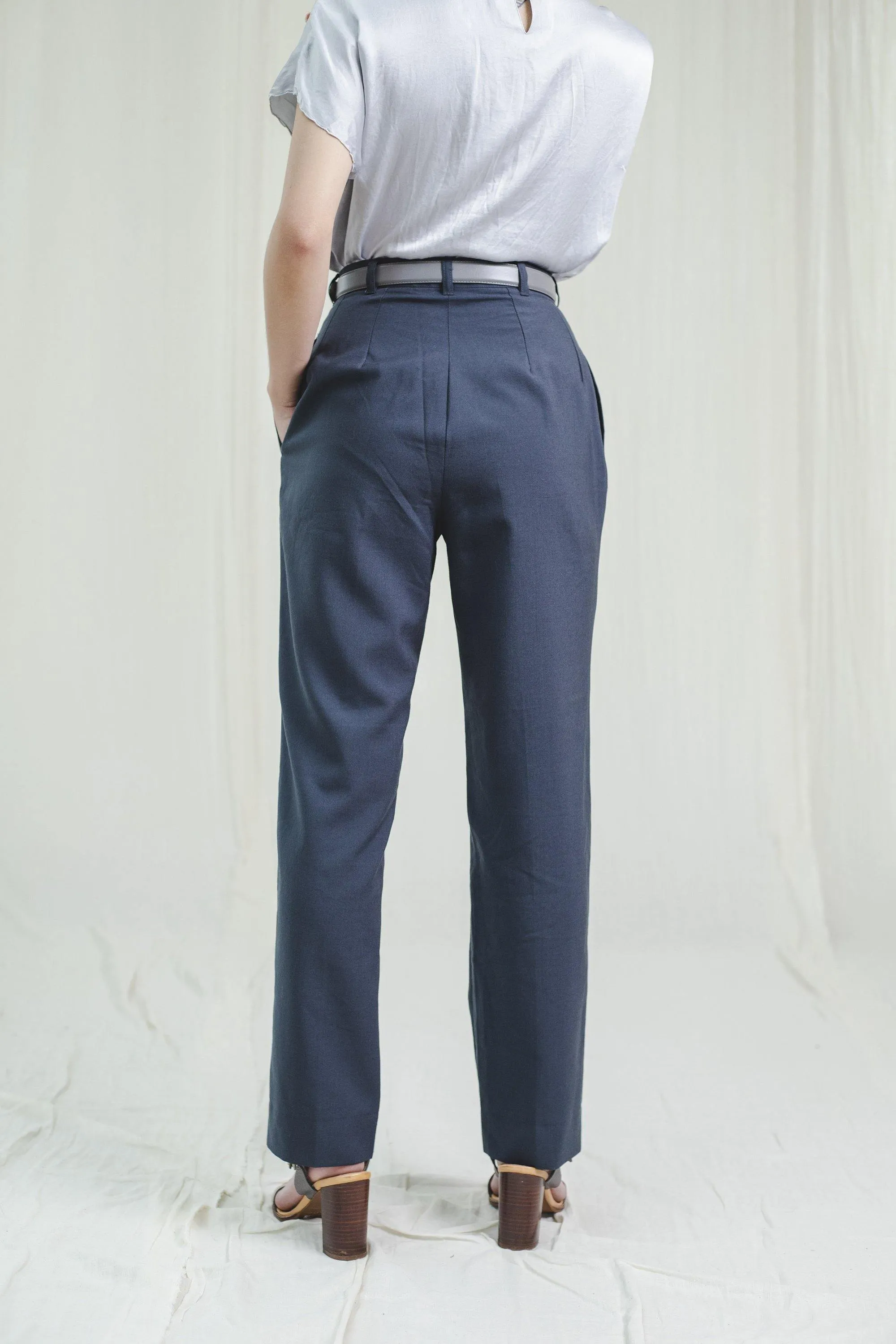 Vintage Dark Blue High Waisted Cotton Trousers