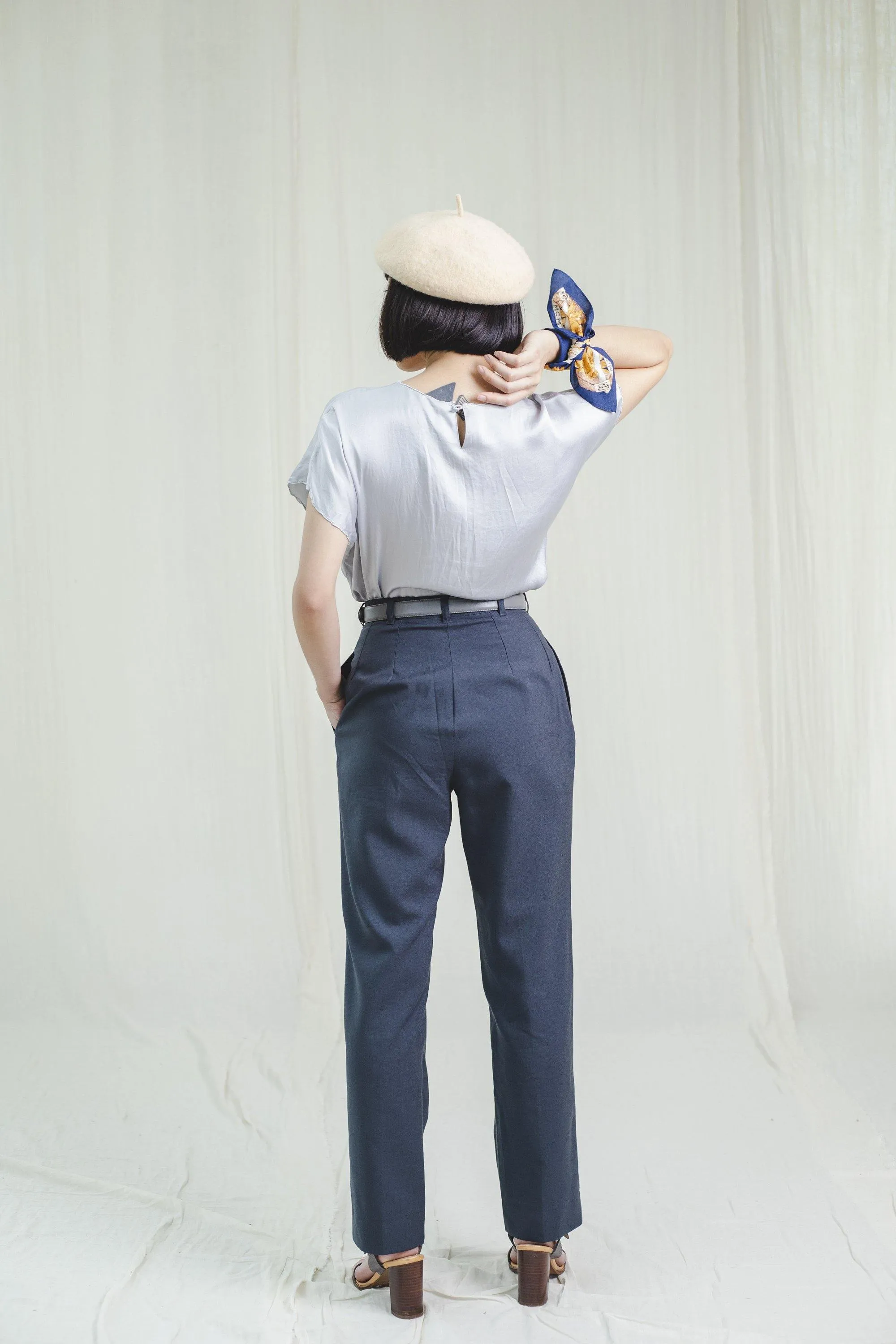 Vintage Dark Blue High Waisted Cotton Trousers