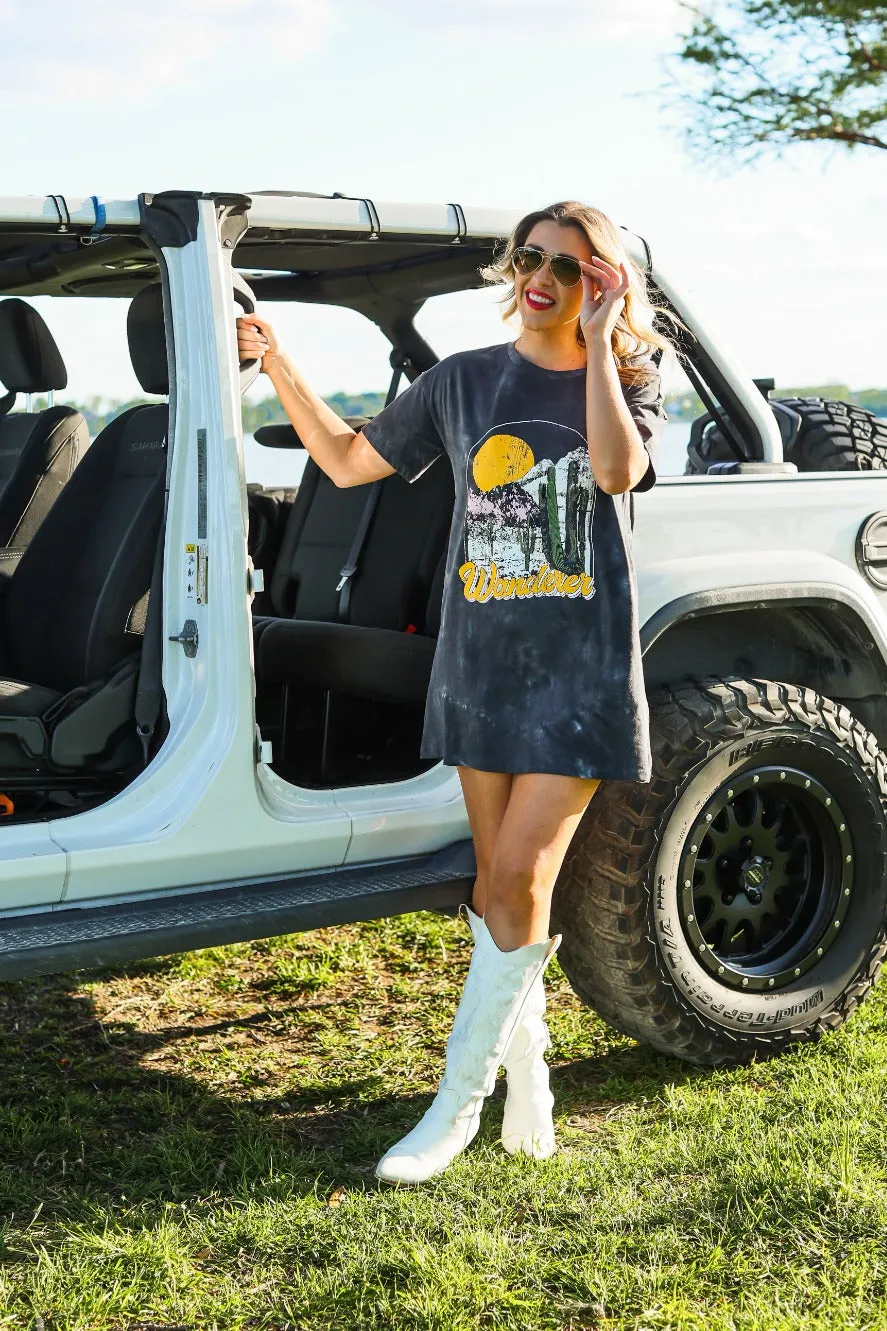 Wanderer on Adventuresome Black Tie Dye T-Shirt Dress