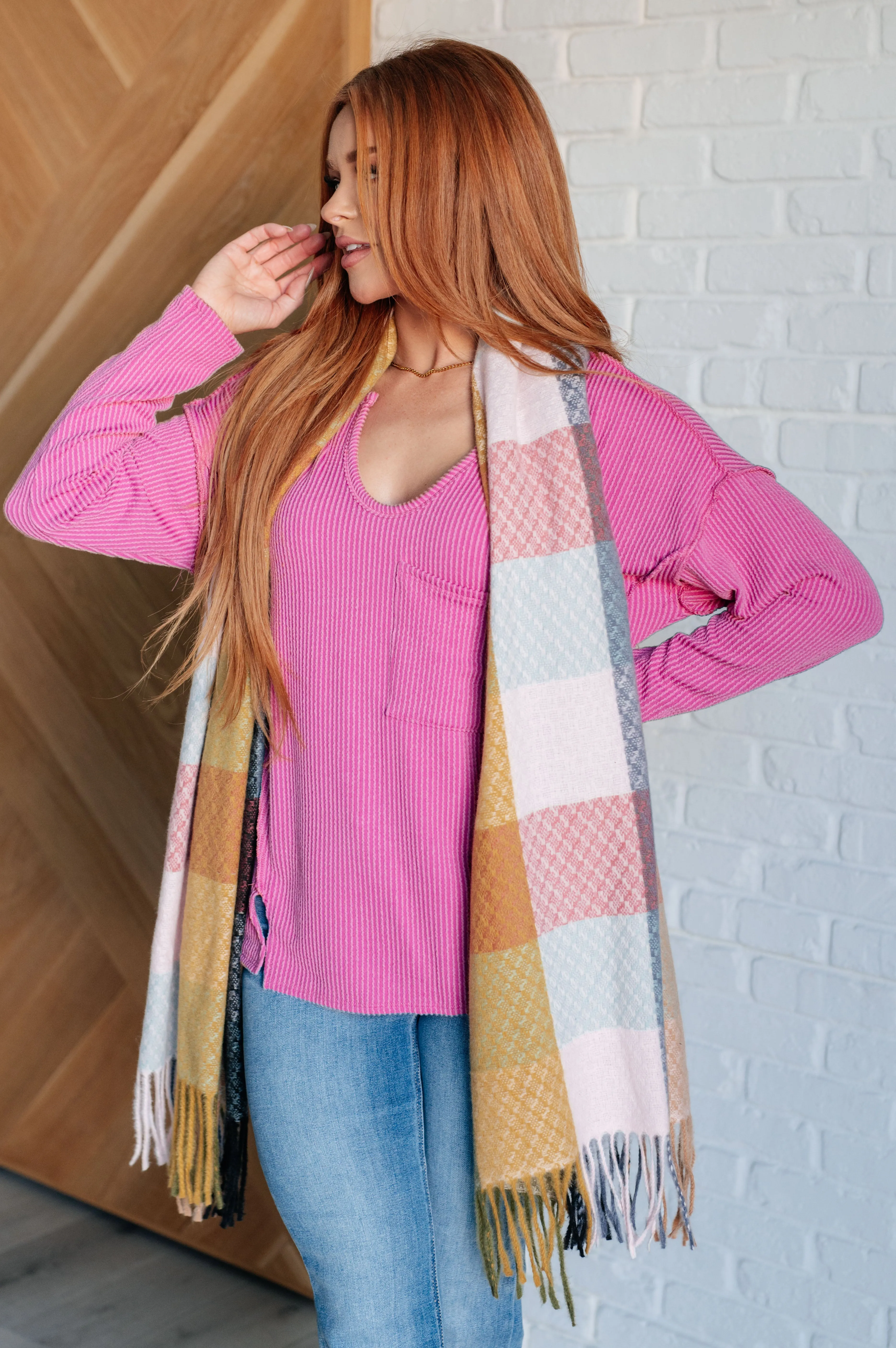 Warm & Cozy Checkered Fringe Scarf - Muted Pastels