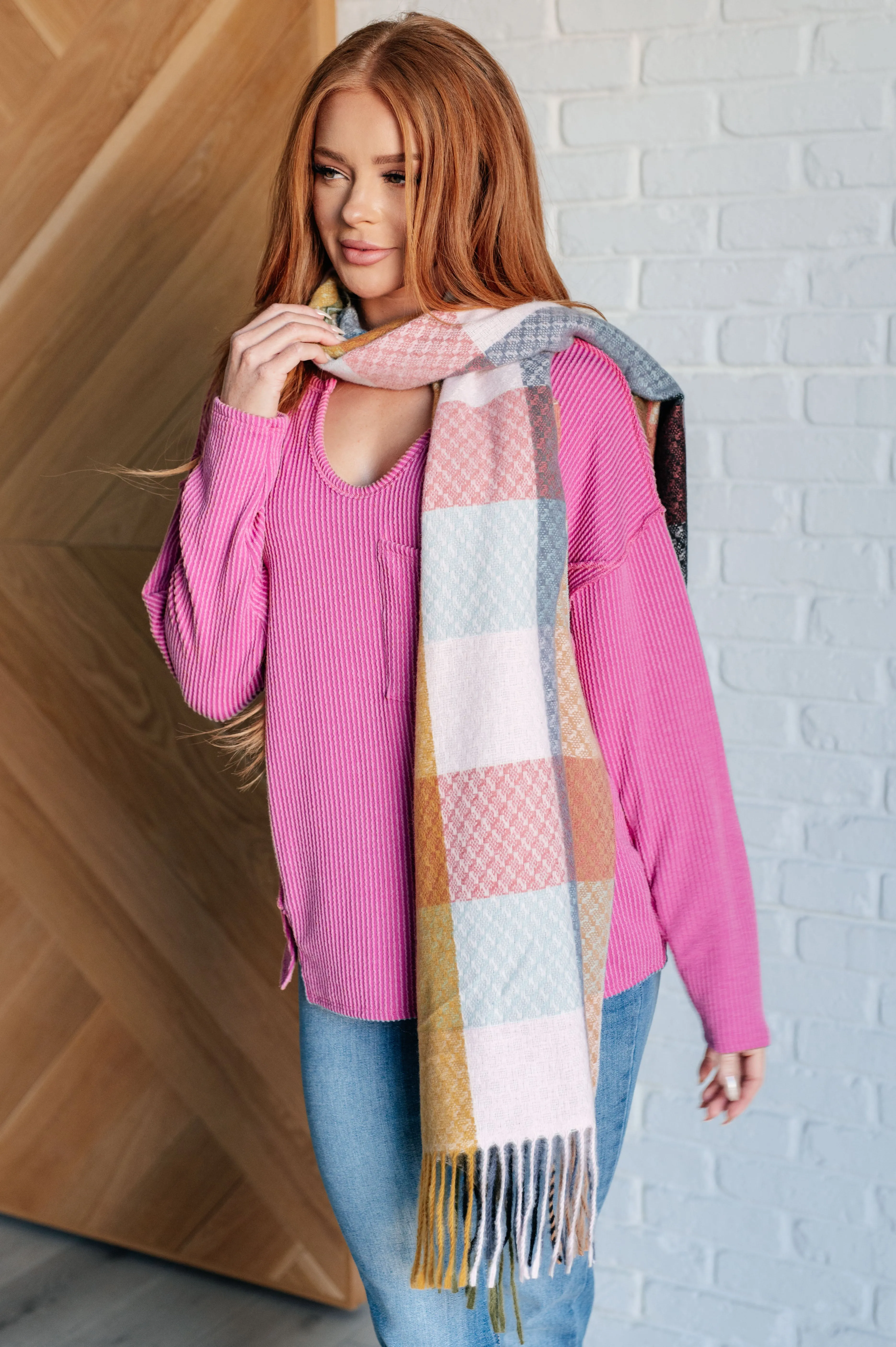Warm & Cozy Checkered Fringe Scarf - Muted Pastels