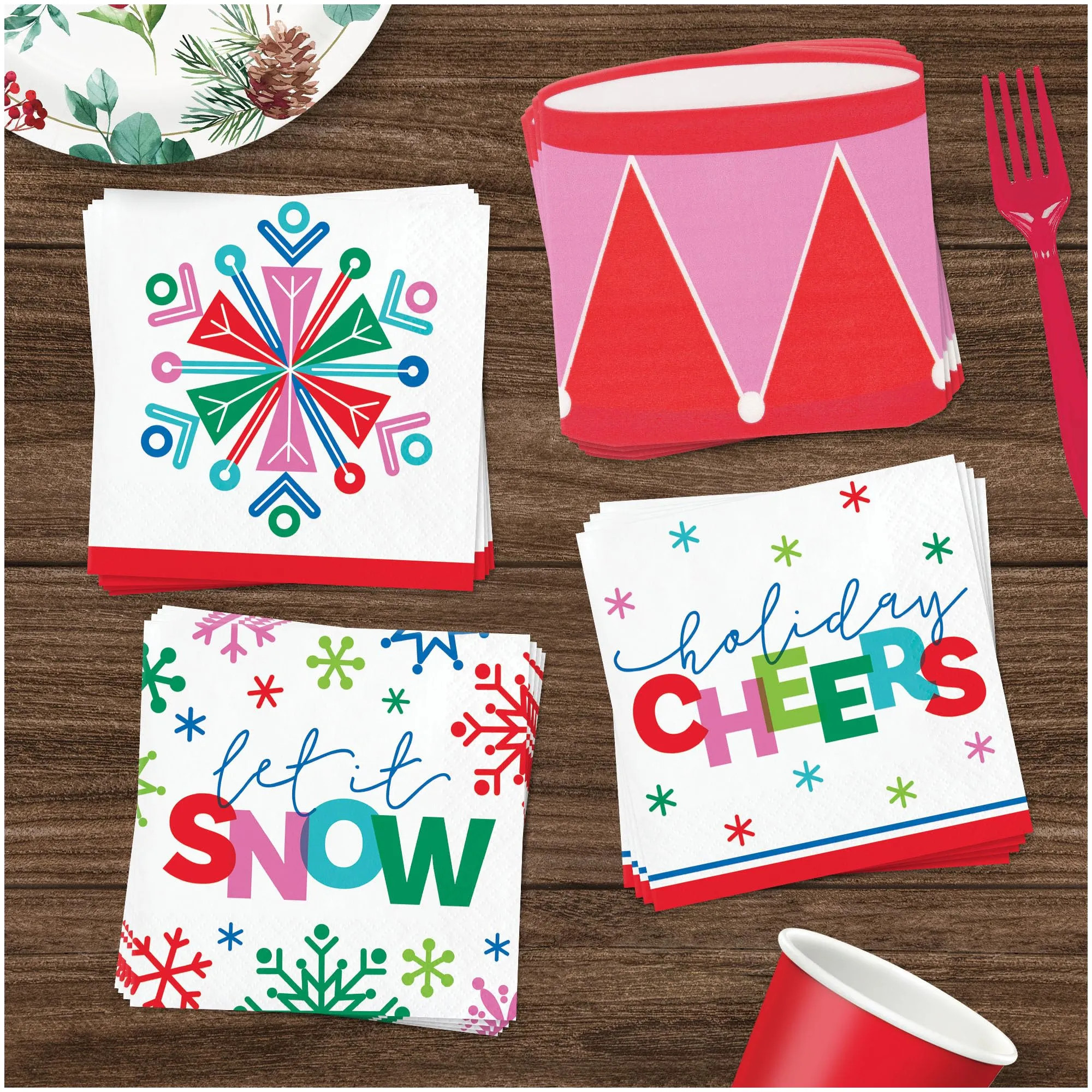 Whimsical Christmas Party Supplies - Cocktail Beverage Napkin Set in Reds & Pinks