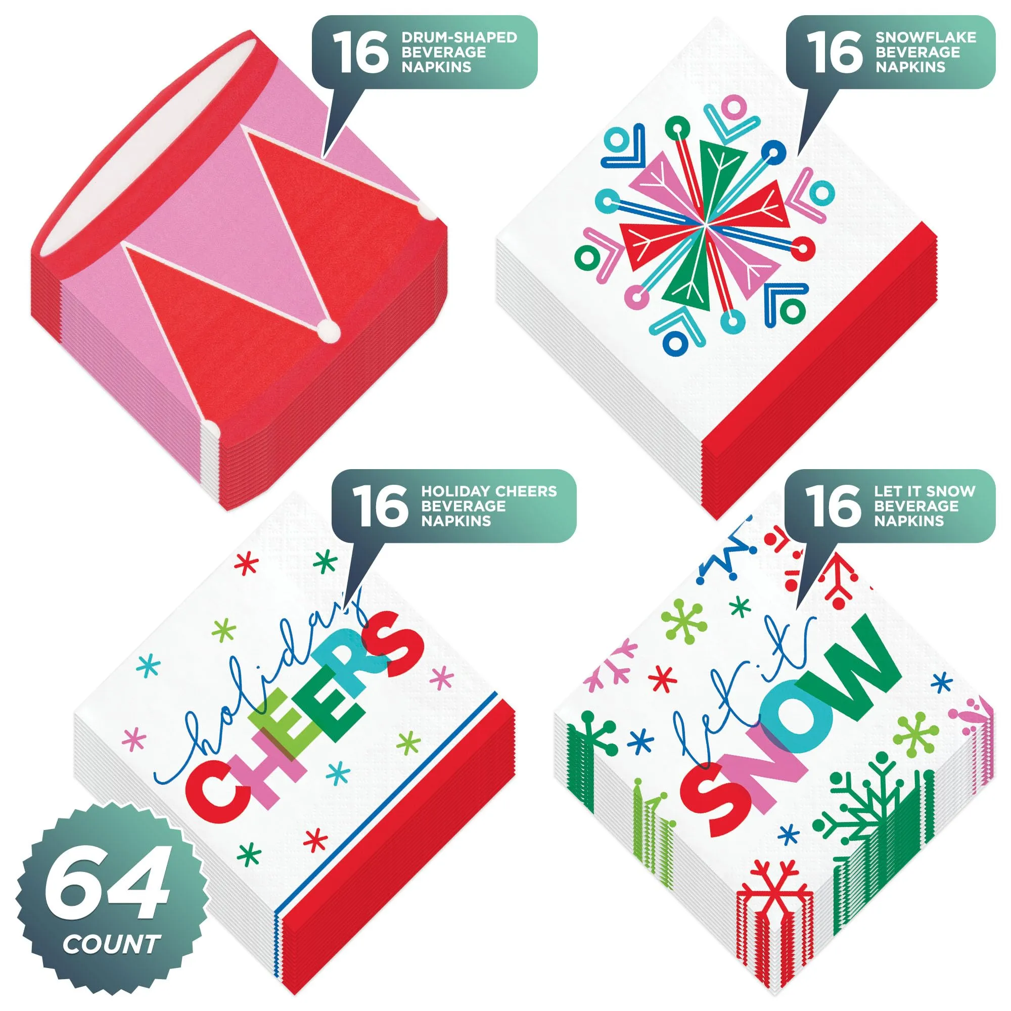 Whimsical Christmas Party Supplies - Cocktail Beverage Napkin Set in Reds & Pinks