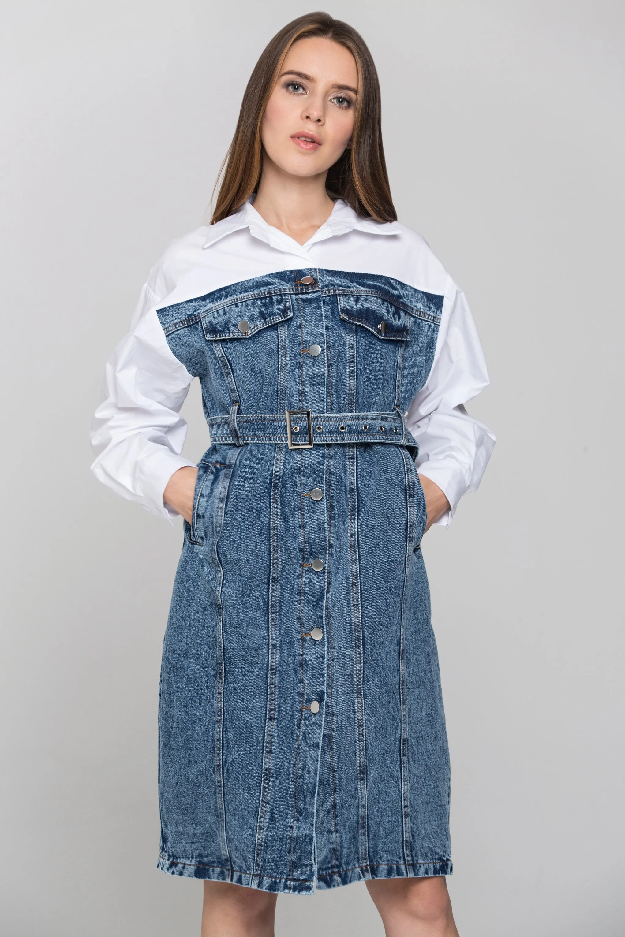 White Shirt Panel Button Up Denim Midi Dress