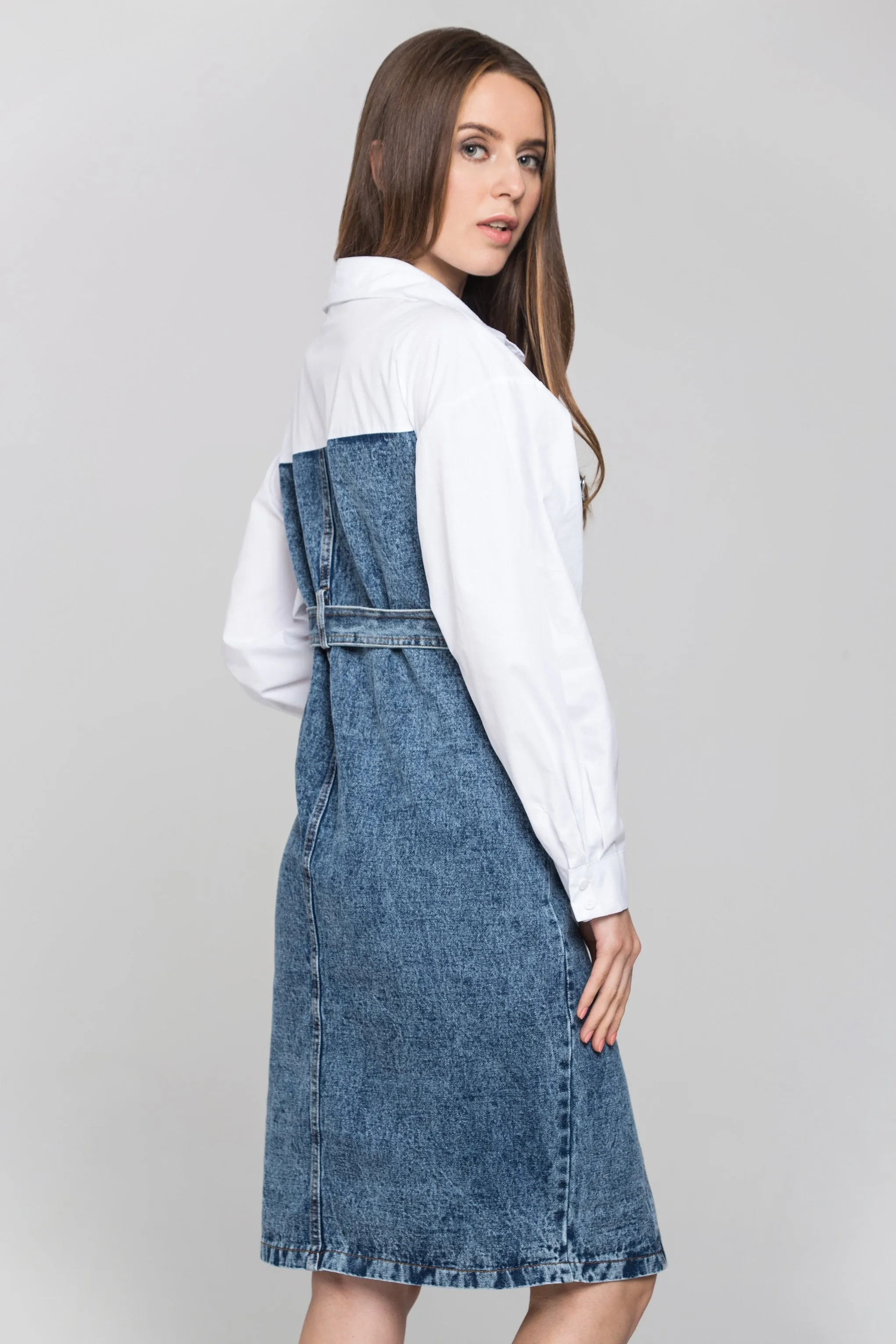 White Shirt Panel Button Up Denim Midi Dress