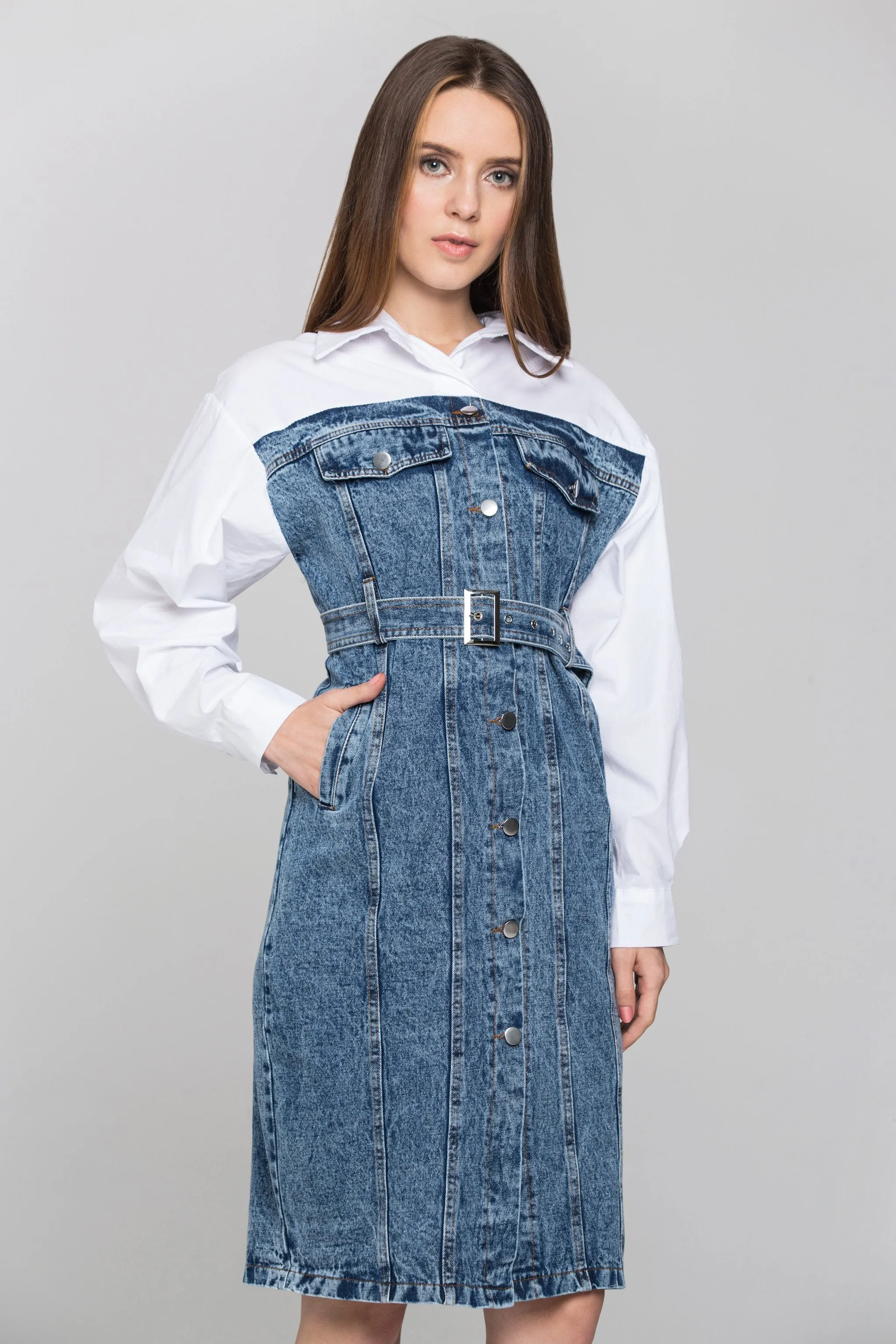White Shirt Panel Button Up Denim Midi Dress