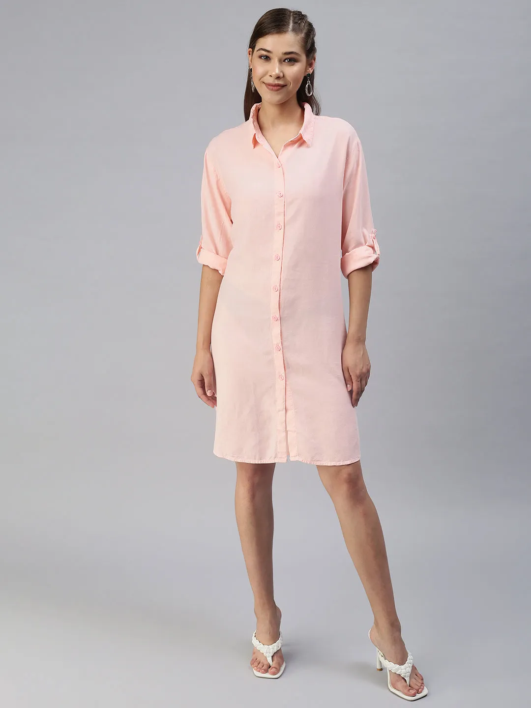 Women's Pink Solid Shirt Dress