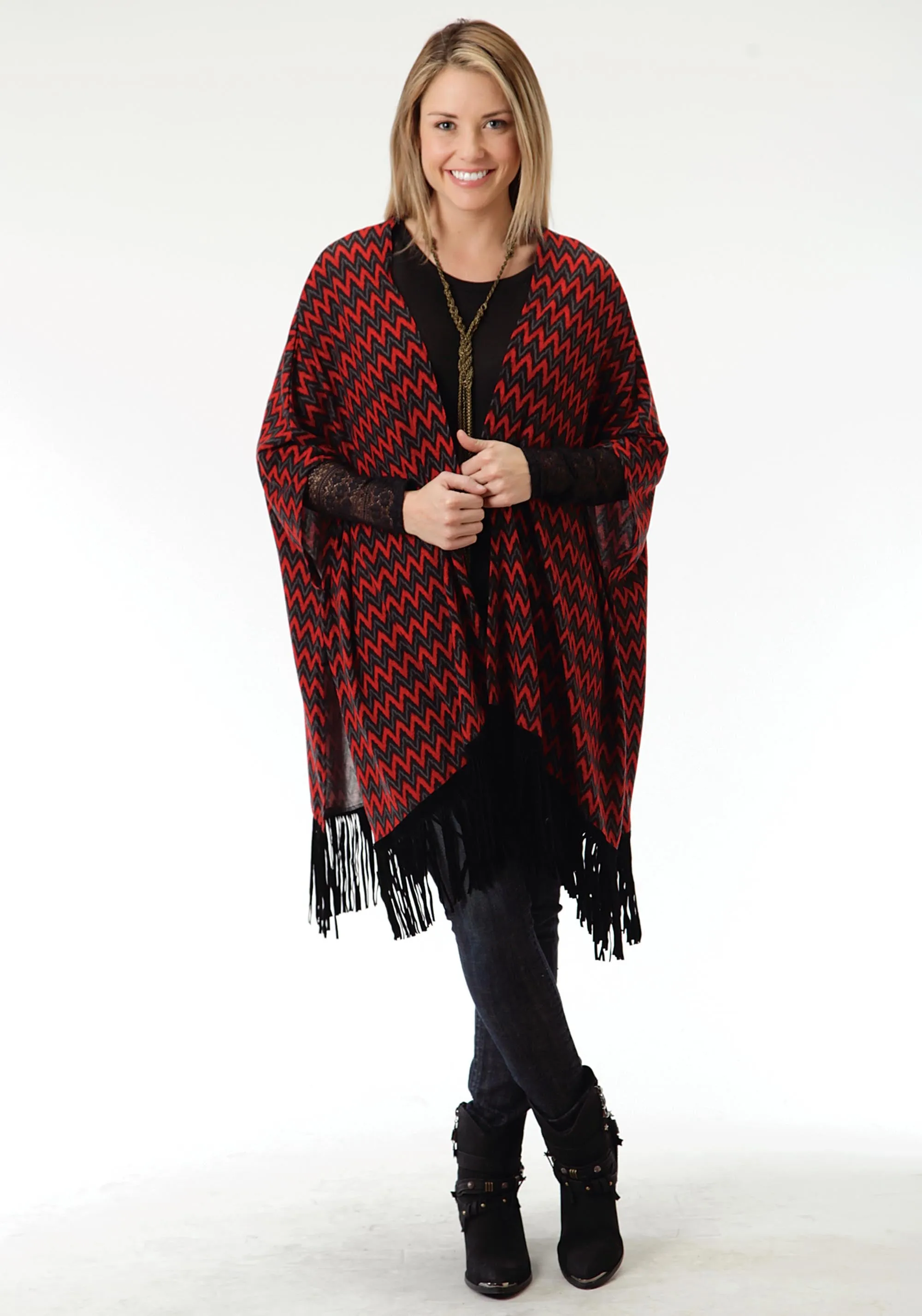 WOMENS RED AND BLUE CHEVRON PRINT PONCHO