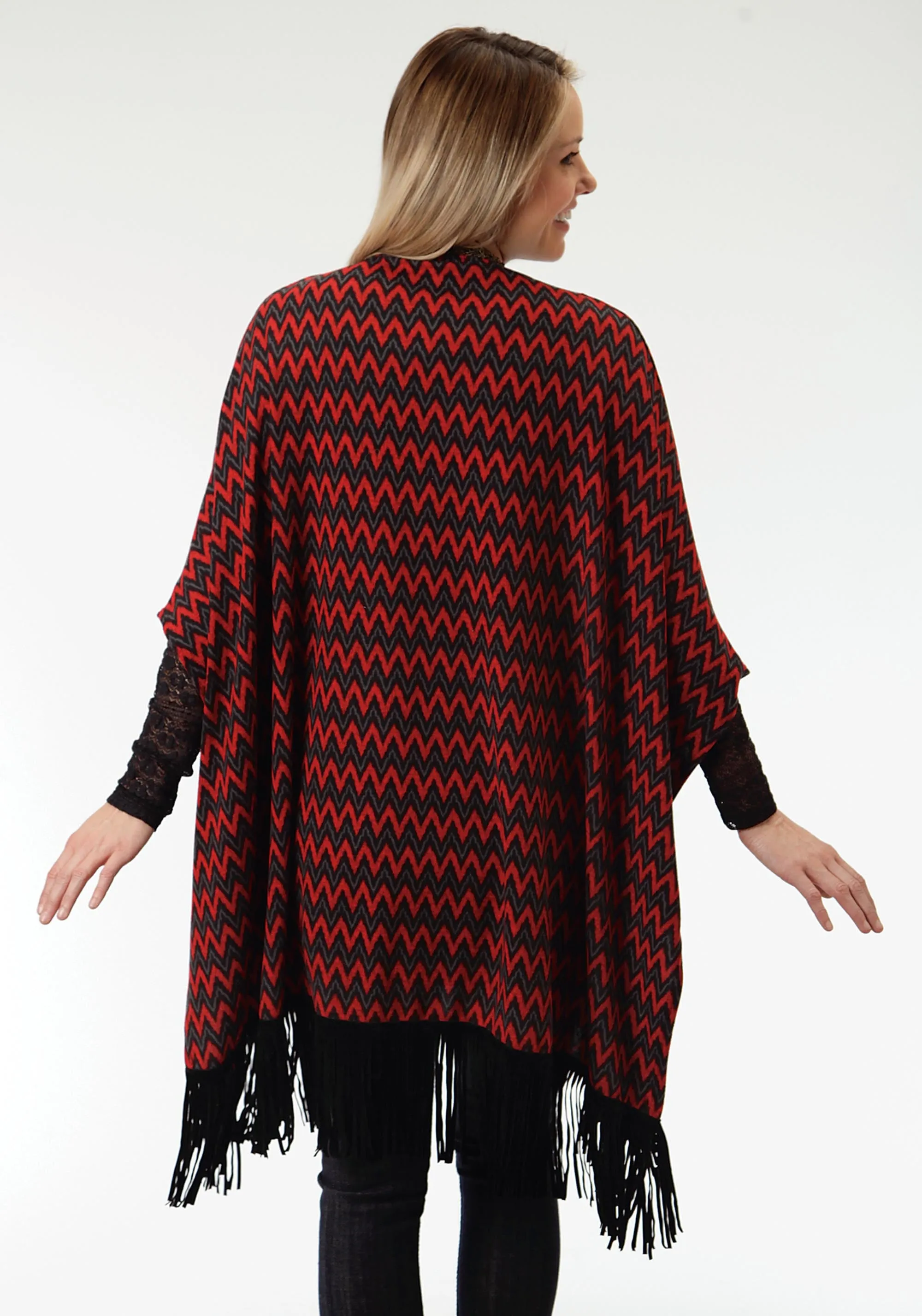 WOMENS RED AND BLUE CHEVRON PRINT PONCHO