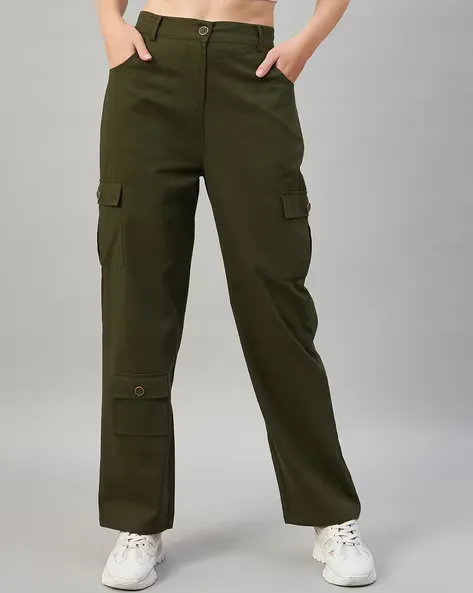 Women's Solid Cotton Cargo Trouser (Size-L) (Color-OLIVE )