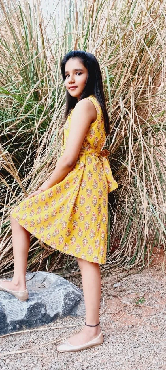 Yellow Printed Dress With Belt & Pleat Details