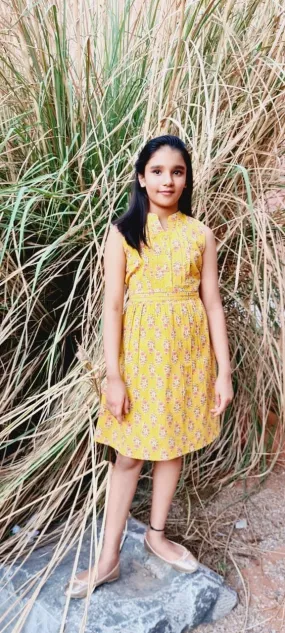 Yellow Printed Dress With Belt & Pleat Details